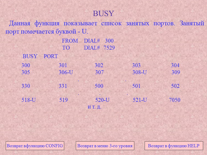 BUSY Данная функция показывает список занятых портов. Занятый порт помечается буквой - BUSY Данная функция показывает список занятых портов. Занятый порт помечается буквой -